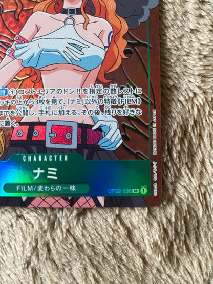 One Piece Nami parallel trading card OP02-036 featuring green attribute and 5000 power