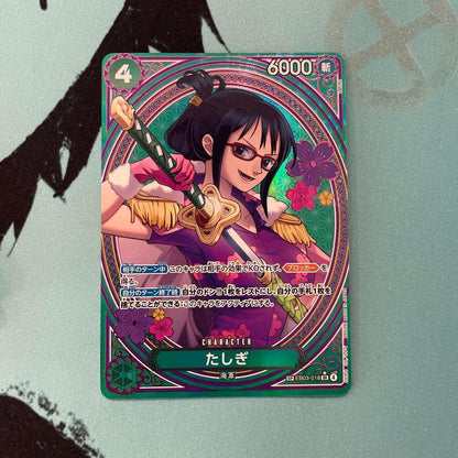 One Piece Tashigi SP EB03-018 collectible card displayed in protective sleeve