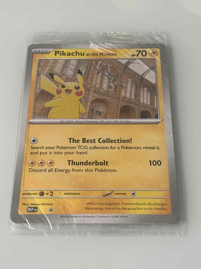 Unopened Pokémon Pikachu trading card from London Natural History Museum with protective cover