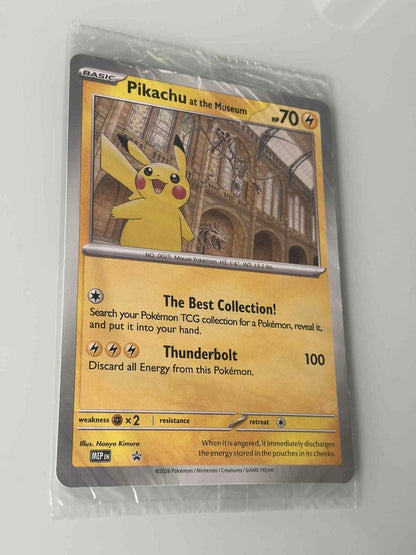 Unopened Pokémon Pikachu trading card from London Natural History Museum with protective cover