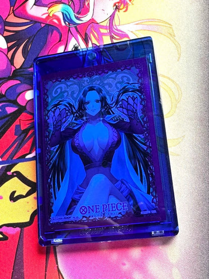 One Piece Boa Hancock OP02-059 blue attribute character card in protective sleeve and card loader