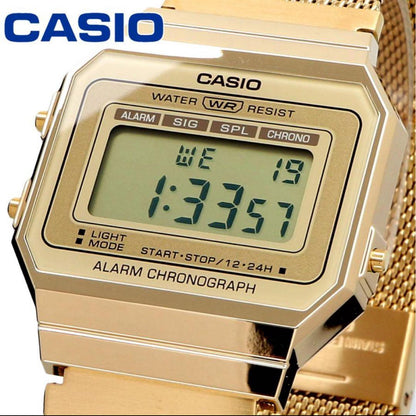 Casio A700WMG-9A Digital Watch with Gold LCD and Stainless Steel Band