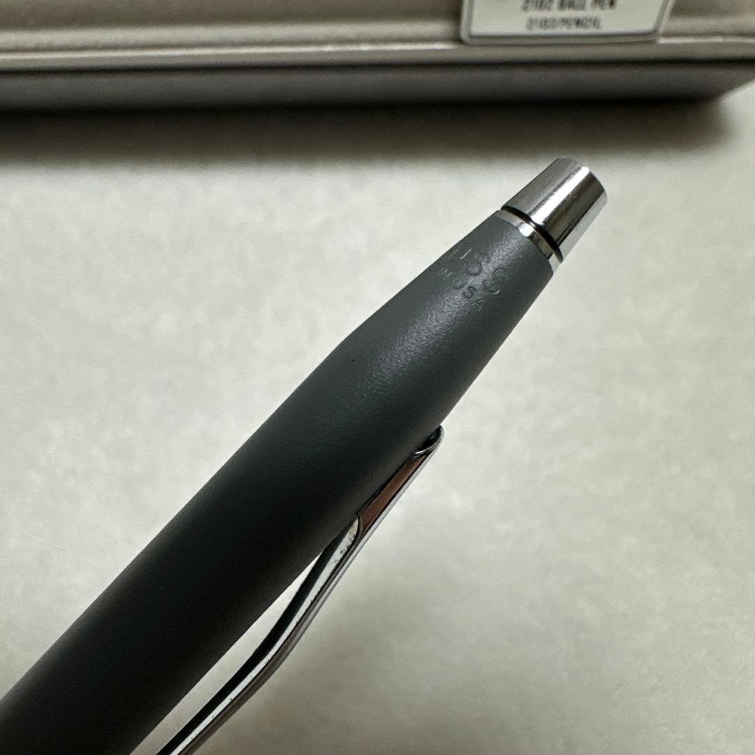 Cross gray metal ballpoint pen with silver clip displayed in its case, made in USA