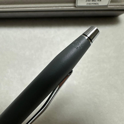 Cross gray metal ballpoint pen with silver clip displayed in its case, made in USA