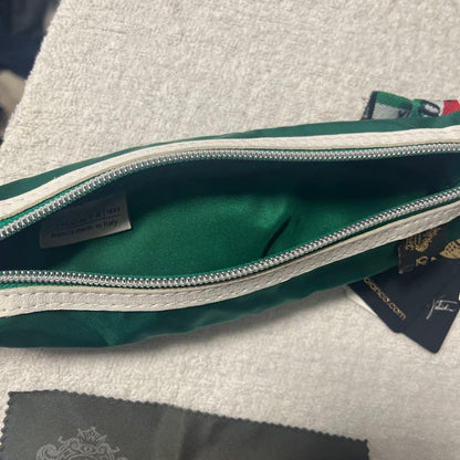 Orobianco Leather Green Zippered Pencil Case with Ribbon and Cleaning Cloth