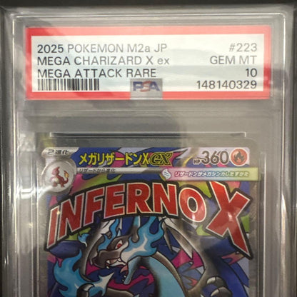 Bandai PSA 10 Mega Charizard X ex MA collectible card in protective case with minor surface imperfections
