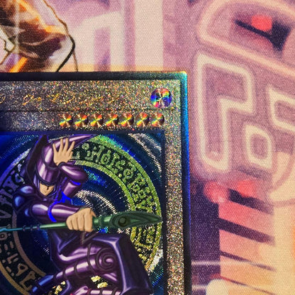 Yugioh Black Magician Relief Ultimate Rare Japanese card with dent and scratch on back, used condition
