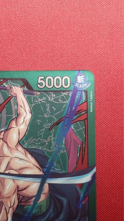 One Piece Card Game Roronoa Zoro Leader Card OP12-020 showing front design, Japan import, stored in sleeve