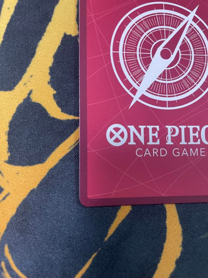 Uta One Piece Card Game Leader Parallel OP06-001 card with film elements showing slight corner defect