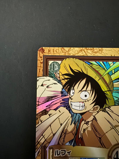 One Piece Hyper Battle Carddass Luffy Gum-Gum Gatling Gun collectible game card in protective loader
