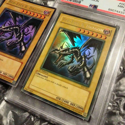 Yu-Gi-Oh! Red-Eyes Black Dragon SDJ-001 Ultra Rare English trading card with yellowed surface