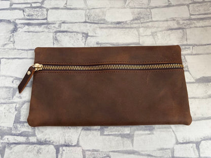 Crazy Horse Leather Premium Leather Pen Case Brown Genuine Leather Large Capacity Office and School Stationery Storage