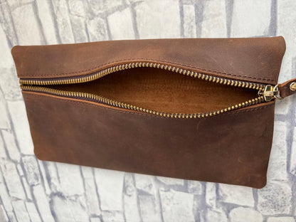 Crazy Horse Leather Premium Leather Pen Case Brown Genuine Leather Large Capacity Office and School Stationery Storage