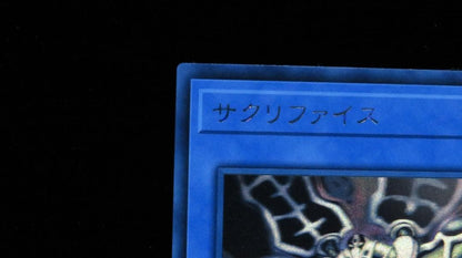Yu-Gi-Oh Bandai Sacrifices holographic rare card DP19-JP000 with visible scratches and wear