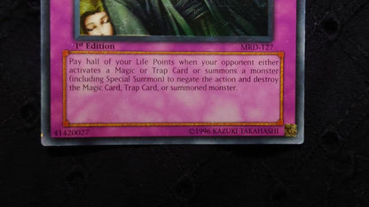 Yugioh SOLEMN JUDGMENT Ultra Rare Counter Trap Card Old Asia Version showing front with visible wear