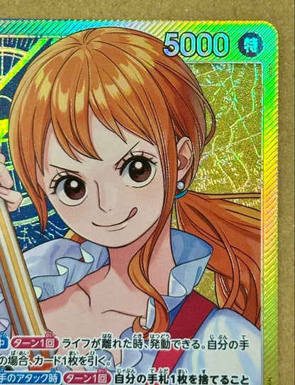 One Piece trading card featuring Nami L Leader Parallel OP11-041 from Japan import, stored in protective sleeve