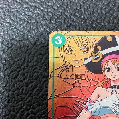 One Piece Nami SR Parallel card OP02-036 showing front design with visible wear and corner chip