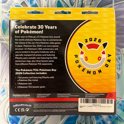 Pokemon Day 2026 Collection English version box with Pikachu promo card, coin, and three booster packs