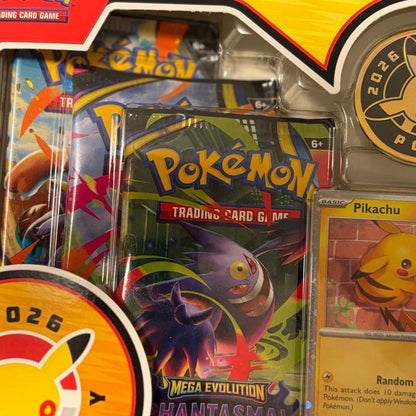 Pokemon Day 2026 Collection English version box with Pikachu promo card, coin, and three booster packs