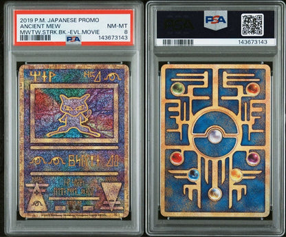 PSA8 Ancient Mew 2019 Promo Pokemon card from the Pokemon Card Game series in protective casing