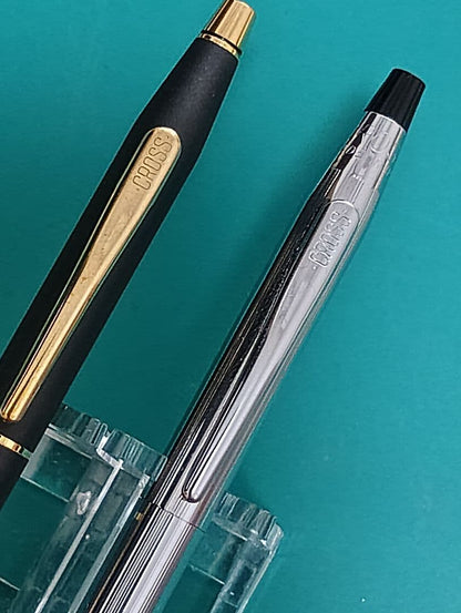 Set of two CROSS Classic Century vintage twist ballpoint pens in matte black and silver chrome colors