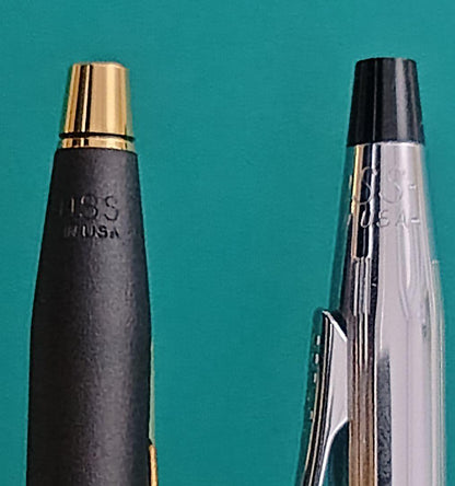 Set of two CROSS Classic Century vintage twist ballpoint pens in matte black and silver chrome colors