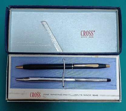 Set of two CROSS Classic Century vintage twist ballpoint pens in matte black and silver chrome colors