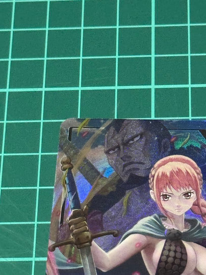 One Piece Rebecca Kingdom of Conspiracy Leader single trading card with slight wear and protective sleeve