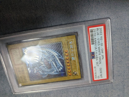 Blue-Eyes White Dragon PSA10 graded card from 25th Anniversary Ultimate Kaiba Set in protective plastic