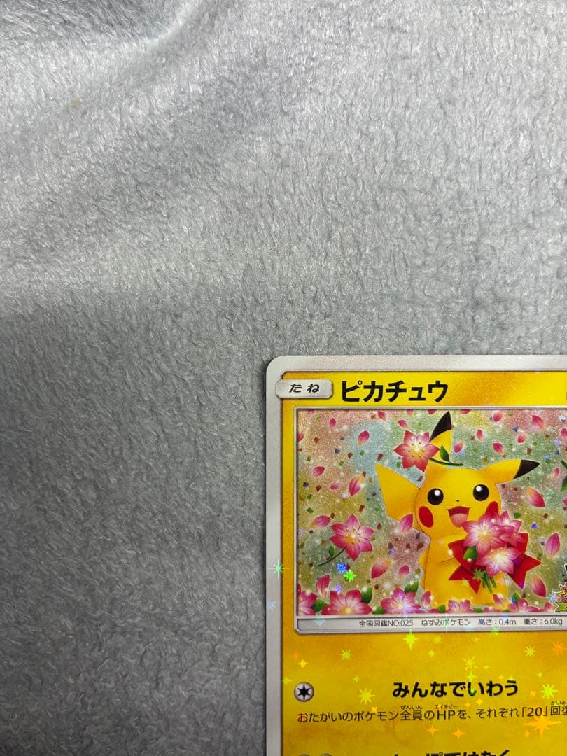 Pokemon Center 20th Anniversary Pikachu promotional card 224/SM-P in protective sleeve with loader and cardboard support