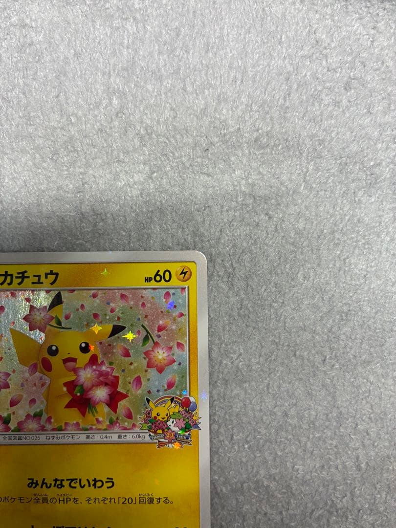 Pokemon Center 20th Anniversary Pikachu promotional card 224/SM-P in protective sleeve with loader and cardboard support
