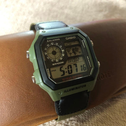 Casio AE-1200WH-1B World Time Digital Watch Khaki with Cross Band — Japan Import