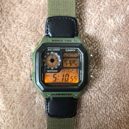 Casio AE-1200WH-1B World Time Digital Watch Khaki with Cross Band — Japan Import