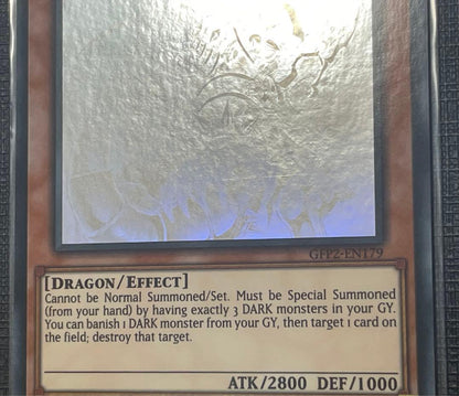 Sony Dark Armed Dragon Ghost Rare Yu-Gi-Oh trading card with visible overseas scratch marks