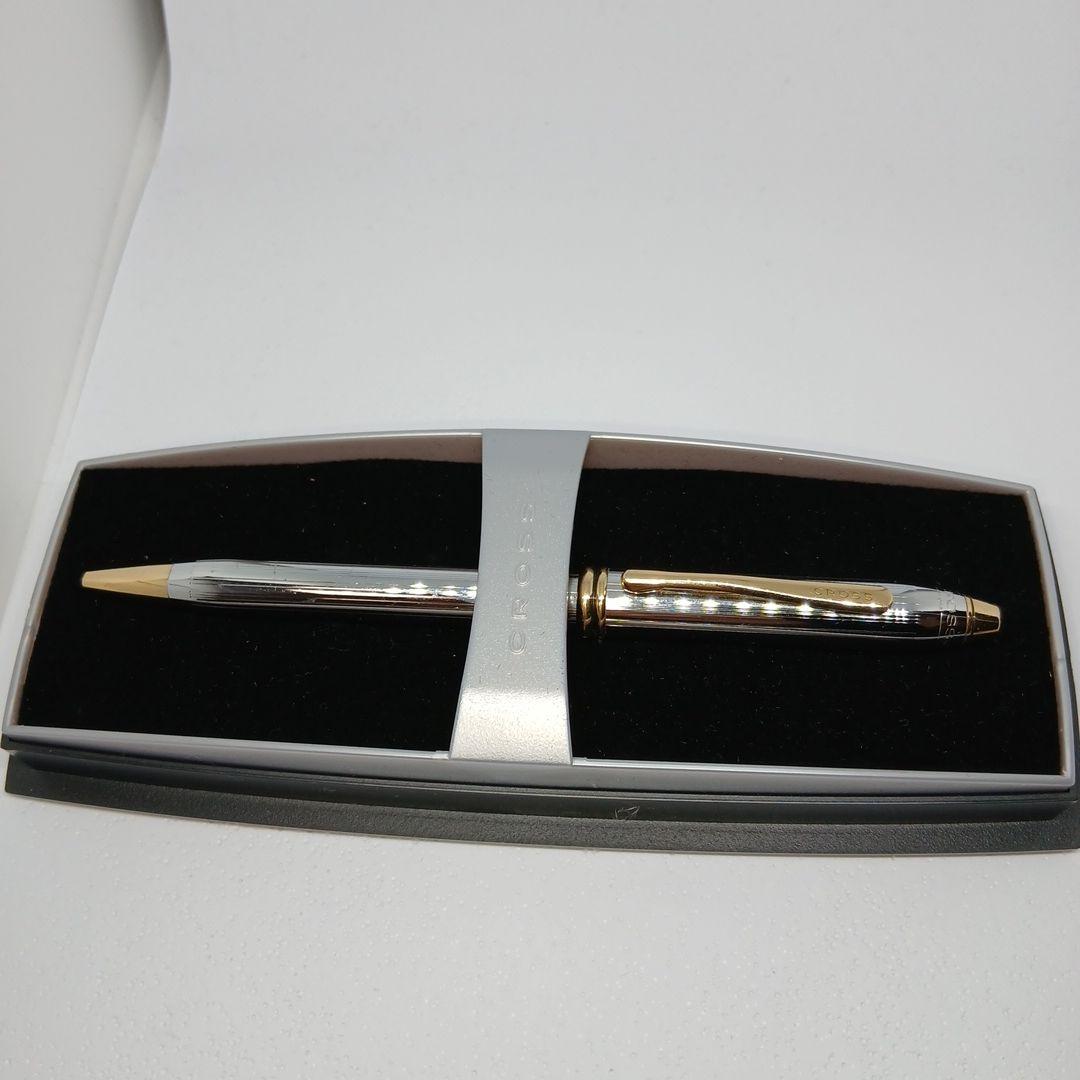 Cross Stripe Design Silver and Gold Ballpoint Pen with Case
