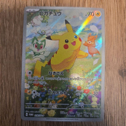 Pokemon promotional card featuring Pikachu from Scarlet & Violet series SV-P campaign