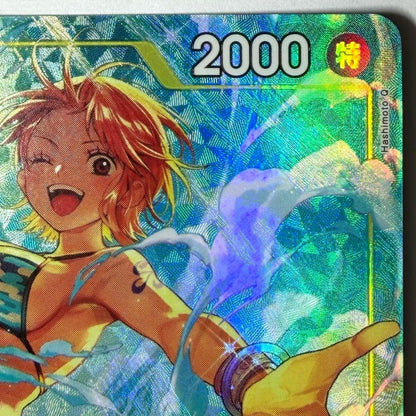 Used One Piece Monkey D. Luffy OP15-108 Japanese trading card with minor scratches and scuffs
