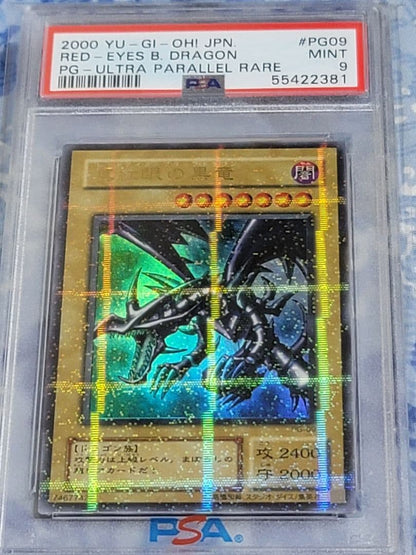 Red Eyes Ultra Parallel trading card with shiny finish and PSA grade 9 displayed front
