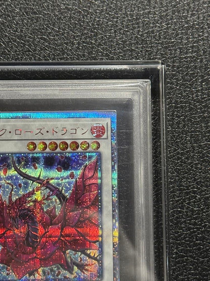 Yugioh Black Rose Dragon 20th ARS10+ card with acrylic case showing front and box with scratches