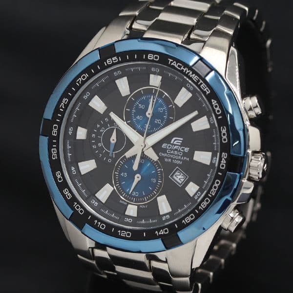 Casio Edifice Watch with Tachymeter - Black and Blue Quartz Timepiece — Japan Import
