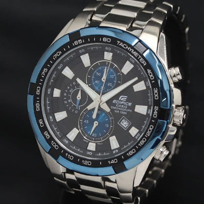 Casio Edifice Watch with Tachymeter - Black and Blue Quartz Timepiece — Japan Import