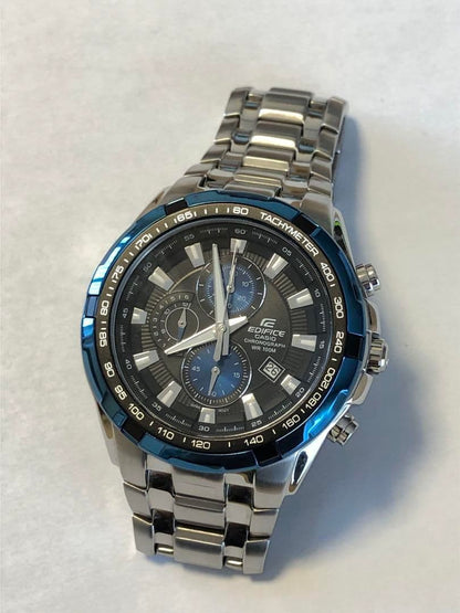 Casio Edifice Watch with Tachymeter - Black and Blue Quartz Timepiece — Japan Import