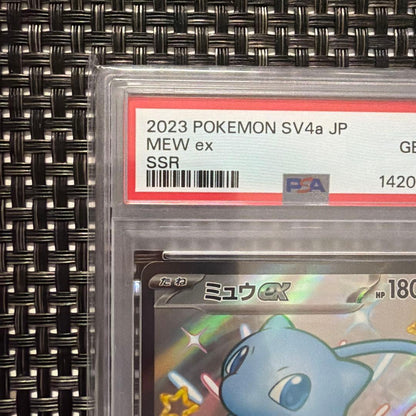 2023 Mew Ex SV4a JP SSR card with PSA 10 rating and HP 180, Japan import, displayed on white background