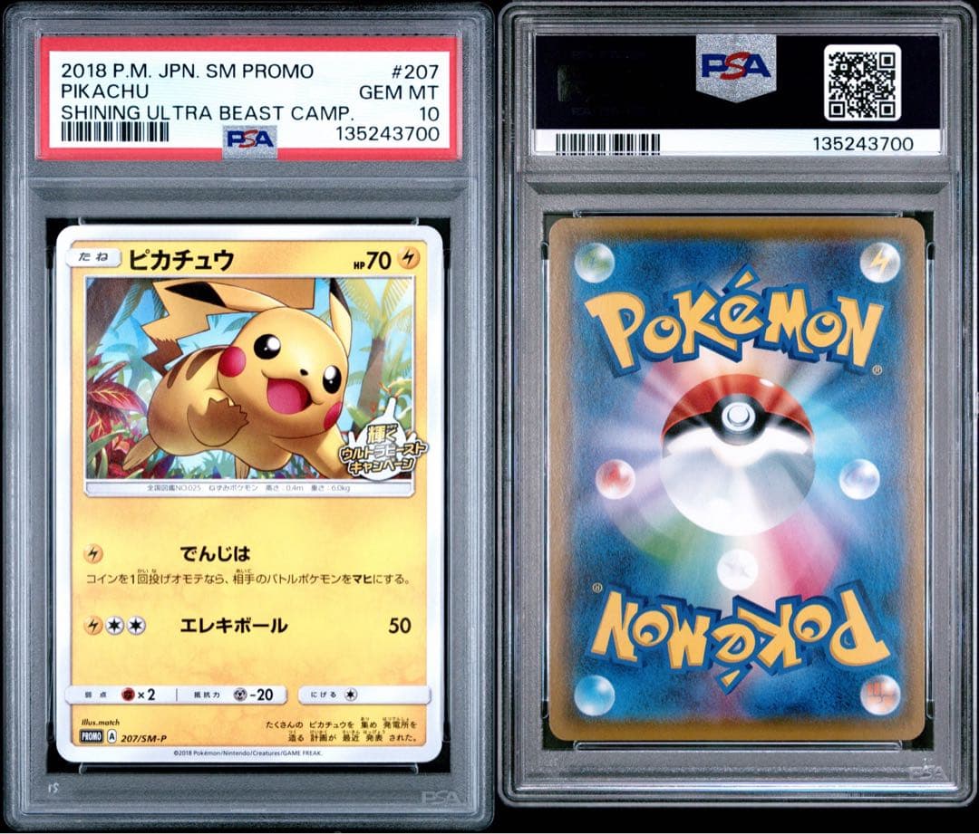 Bandai Pikachu Promo SM-P 207 PSA 10 graded collectible card in protective case