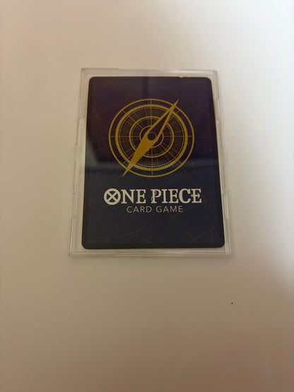Used Monkey D. Luffy OP05 SR Japanese trading card from One Piece series with visible scratches and stored in case