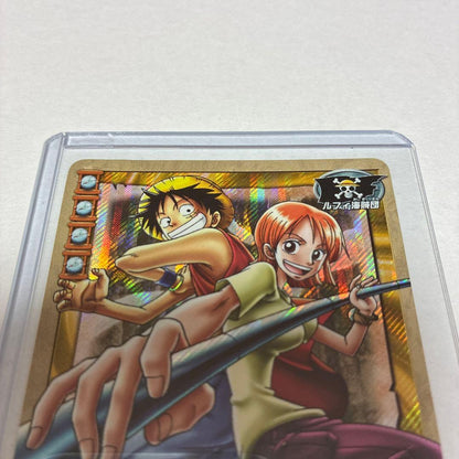 Bandai One Piece Hyper Battle hologram card showing Luffy and Nami from 2003 model BP-T03