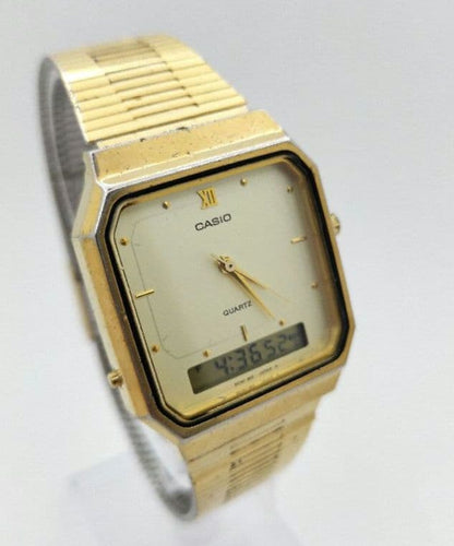 Casio AQ-525 Digital & Analog Quartz Watch with Gold Square Metal Band