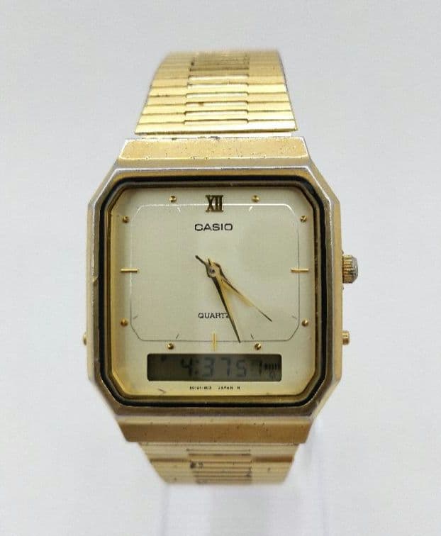 Casio AQ-525 Digital & Analog Quartz Watch with Gold Square Metal Band