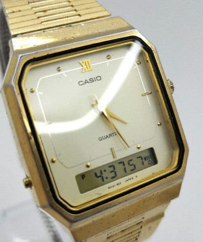 Casio AQ-525 Digital & Analog Quartz Watch with Gold Square Metal Band