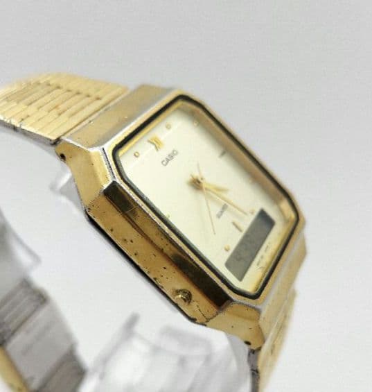 Casio AQ-525 Digital & Analog Quartz Watch with Gold Square Metal Band